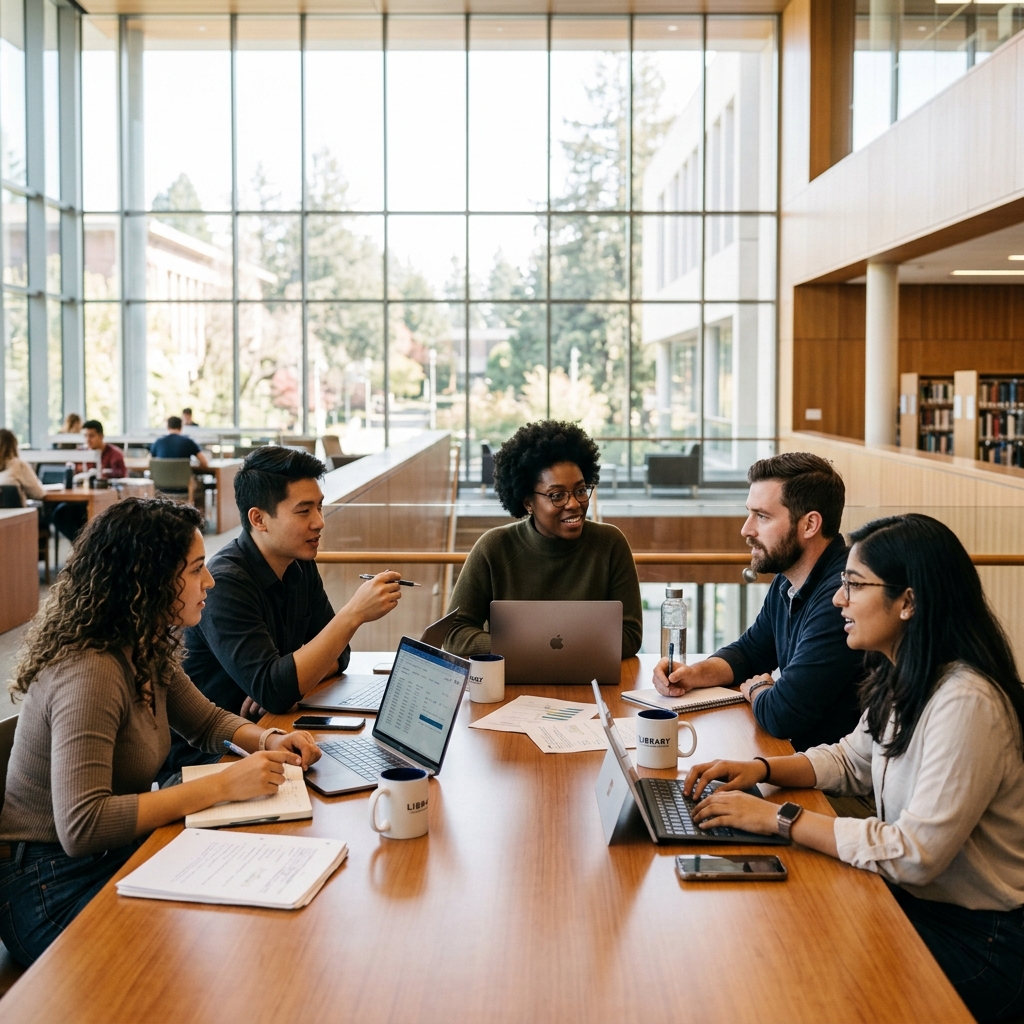 Graduate students collaborating in the library